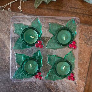 NEW Paragon Green Glass Holly Leaf Votive Holders with Candles (set of 4)